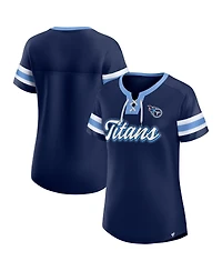 Fanatics Women's Navy Tennessee Titans True Catch Iconic Rhinestone Bling Athena Lace-Up T-Shirt