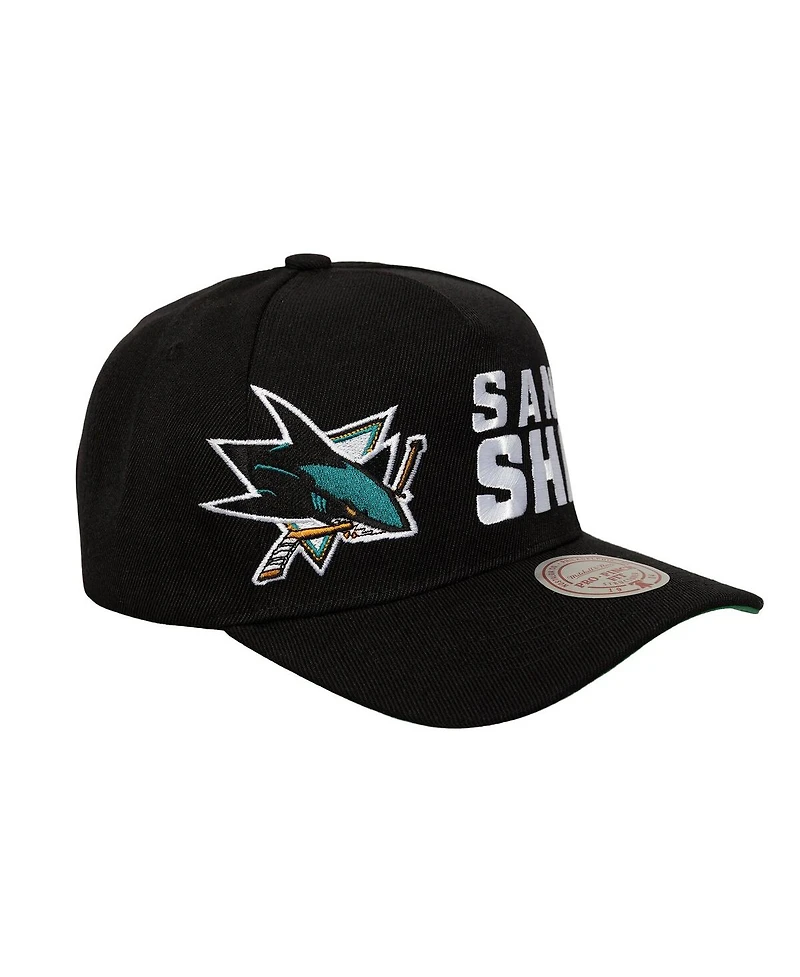 Mitchell & Ness Men's Black San Jose Sharks Busted Logo Wordmark Wrap-Around Pro Pinch Adjustable Hat