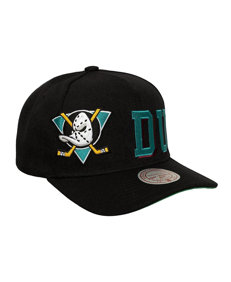 Mitchell & Ness Men's Black Anaheim Ducks Busted Logo Wordmark Wrap-Around Pro Pinch Adjustable Hat
