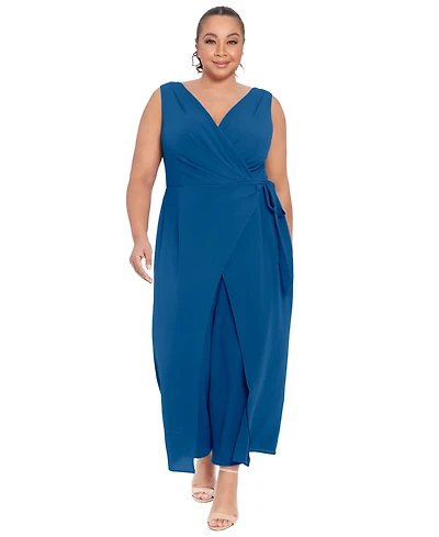 London Times Plus Sleeveless Sarong-Tie Jumpsuit