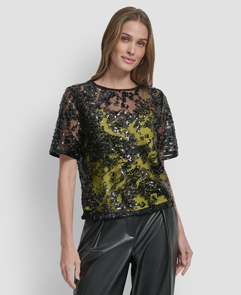 Dkny Women's Short Sleeve Sequin Overlay Boxy Top