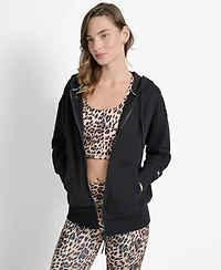 Dkny Women's Woven Patch Oversized Full Zip Jacket Hoodie