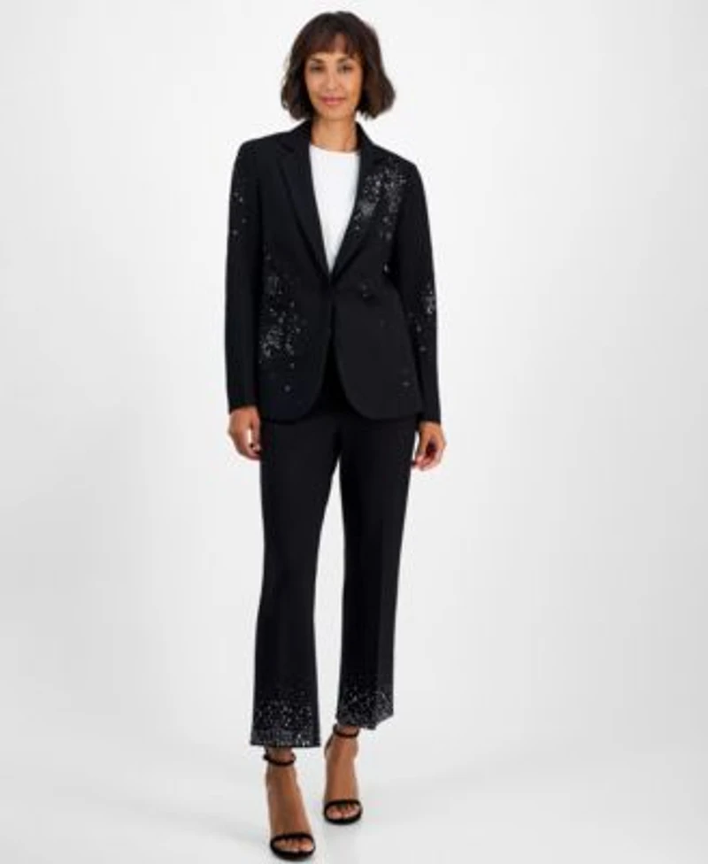 Anne Klein Womens Embellished One Button Jacket Embellished Mid Rise Capri Pants