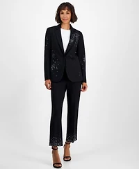 Anne Klein Womens Embellished One Button Jacket Embellished Mid Rise Capri Pants