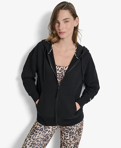 Dkny Women's Woven Patch Oversized Full Zip Jacket Hoodie