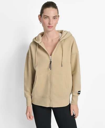 Dkny Women's Woven Patch Oversized Full Zip Jacket Hoodie