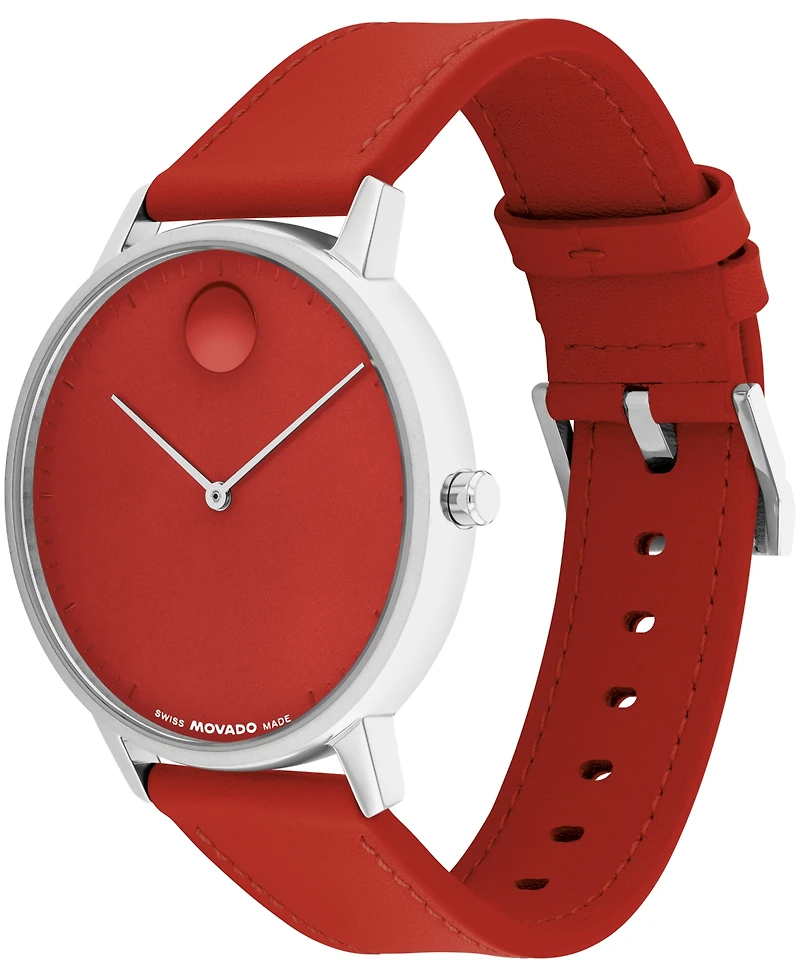 Movado Unisex Face Swiss Quartz Red Leather Watch, 41mm