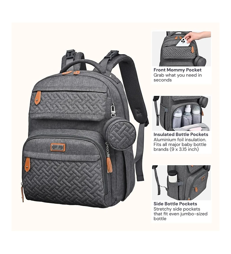 BabbleRoo Kids Diaper Bag Backpack Versatile Travel Mummy with Changing Pad & Accessories, Light Gray