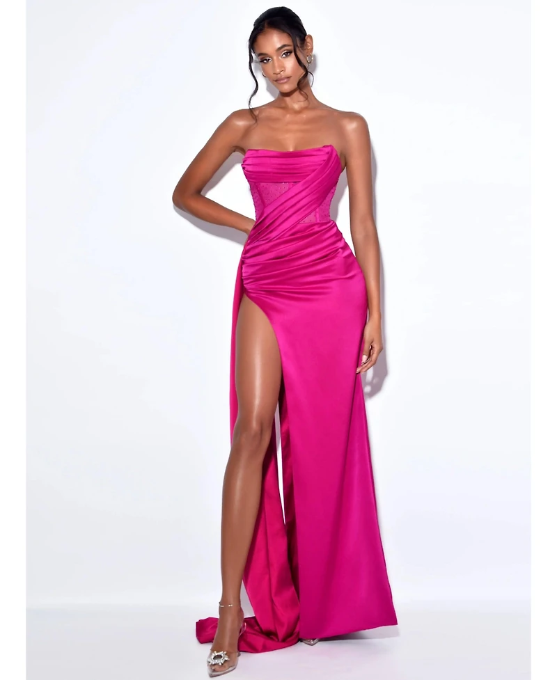 Miss Circle Women Holly Fuchsia Crystallized Corset High Slit Satin Gown