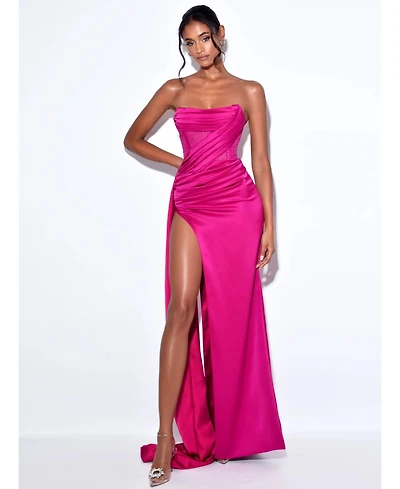 Miss Circle Women Holly Fuchsia Crystallized Corset High Slit Satin Gown