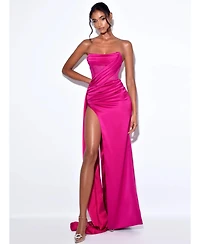 Miss Circle Women Holly Fuchsia Crystallized Corset High Slit Satin Gown