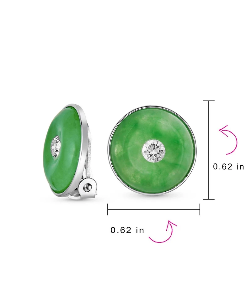Bling Jewelry Round Disc Cz Accent Green Dyed Jade Clip On Earrings Sterling Silver Non Pierced