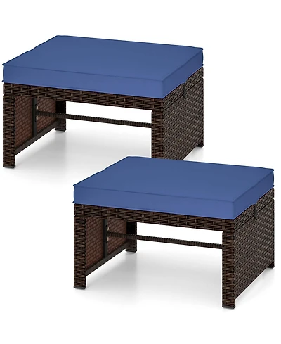 Costway Patio Pe Rattan Ottomans with Soft Zippered Cushions for Deck Outdoor