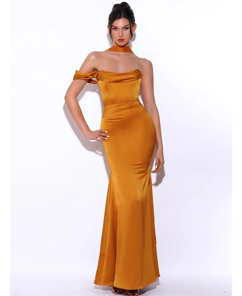 Miss Circle Women's Ivona Gold Halter Neck Double Duchess Satin Gown