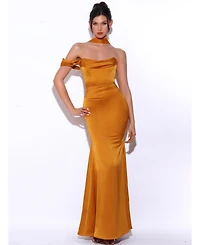Miss Circle Women's Ivona Gold Halter Neck Double Duchess Satin Gown