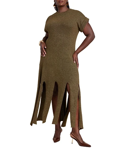 Eloquii Women's Plus Lurex Sweater Dress W Fringes