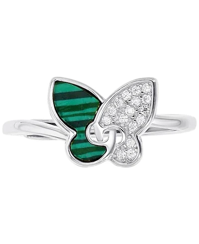 Malachite and Cubic Zirconia Butterfly Ring Necklace Set Sterling Silver