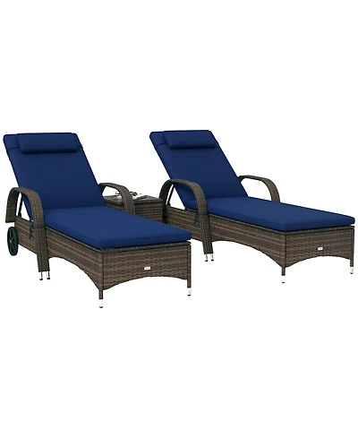 Outsunny Pool Furniture, 2 Lounge Chairs & Table, Wheels, Dark