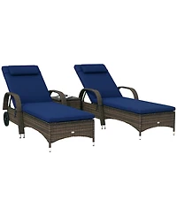 Outsunny Pool Furniture, 2 Lounge Chairs & Table, Wheels, Dark