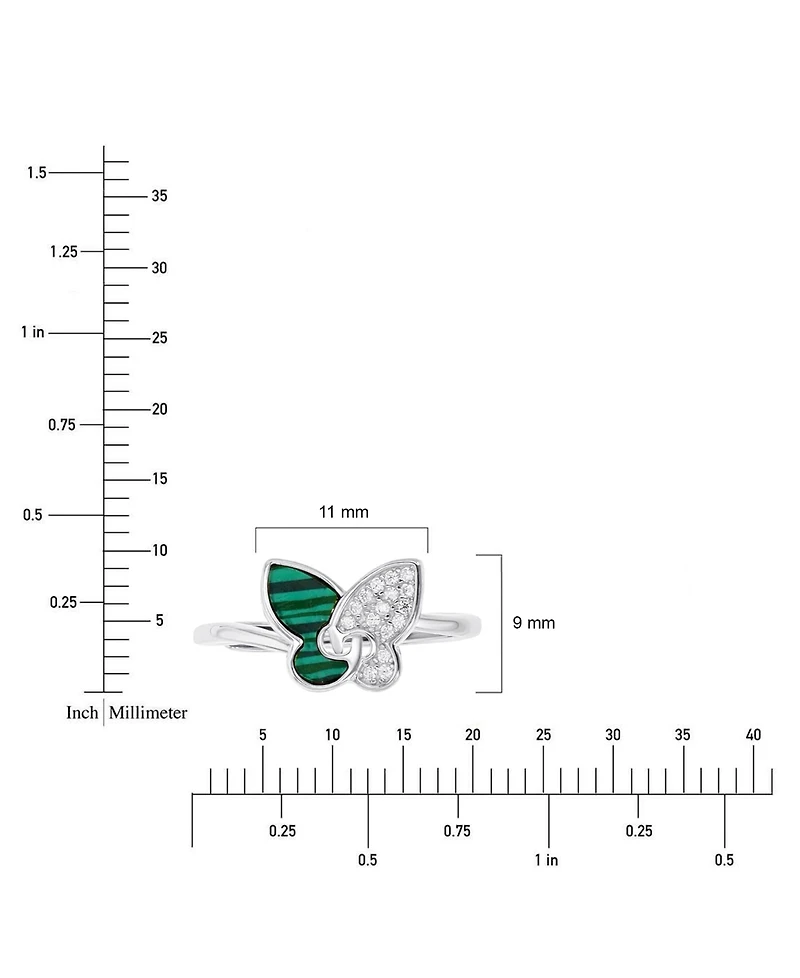 Malachite and Cubic Zirconia Butterfly Ring Necklace Set Sterling Silver