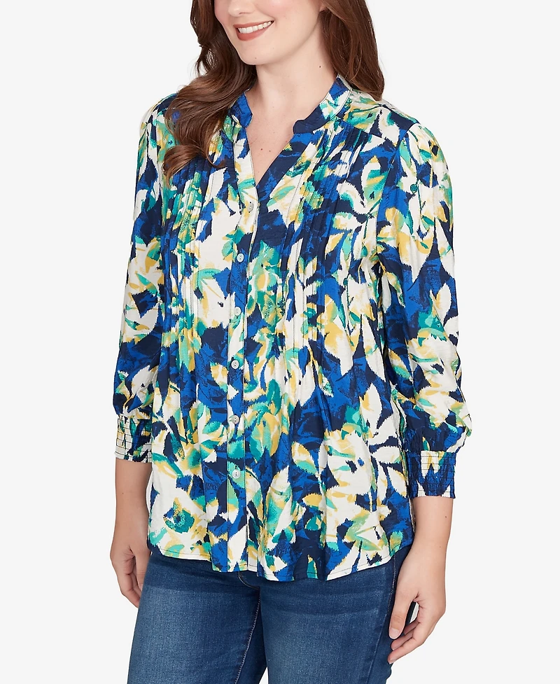 Ruby Rd. Petite Floral Silky Voile Button Down Top
