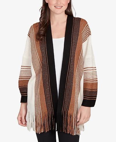 Ruby Rd. Petite Open Fringed Stripe Cardigan Sweater