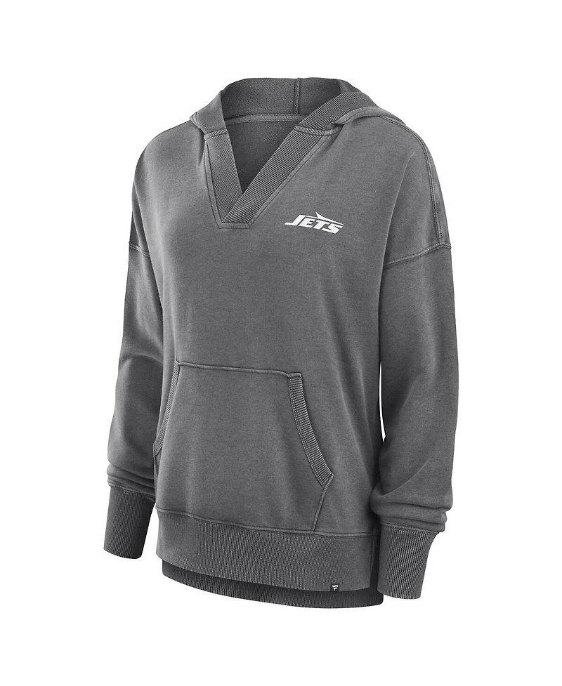 Fanatics Women's Heather Charcoal New York Jets Initiative Snow Wash French Terry V-Neck Pullover Hoodie