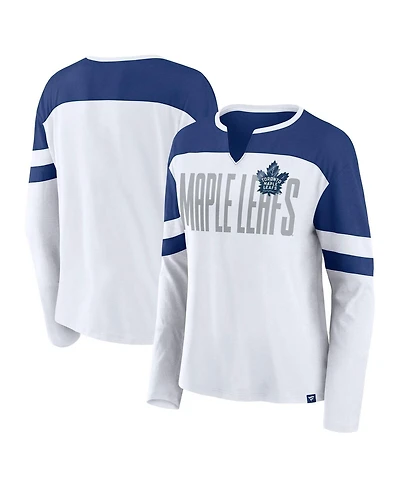Fanatics Women's White/Blue Toronto Maple Leaf's Frozen Long Sleeve Notch Neck T-Shirt