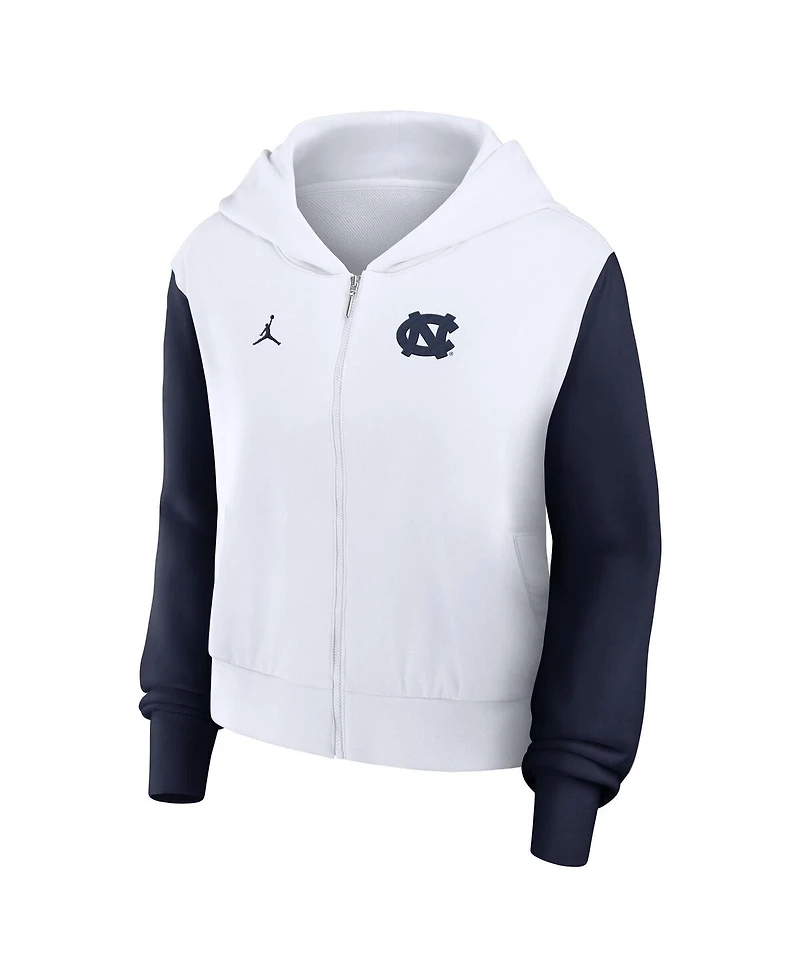 Jordan Women's White North Carolina Tar Heels Cropped Athletic Prep Color Block Script Full-Zip Hoodie