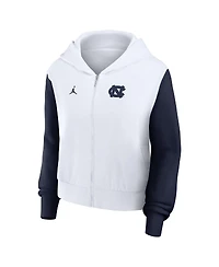 Jordan Women's White North Carolina Tar Heels Cropped Athletic Prep Color Block Script Full-Zip Hoodie