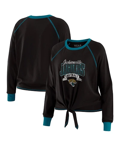 Wear by Erin Andrews Women's Black/Teal Jacksonville Jaguars Tie-Front Long Sleeve Top