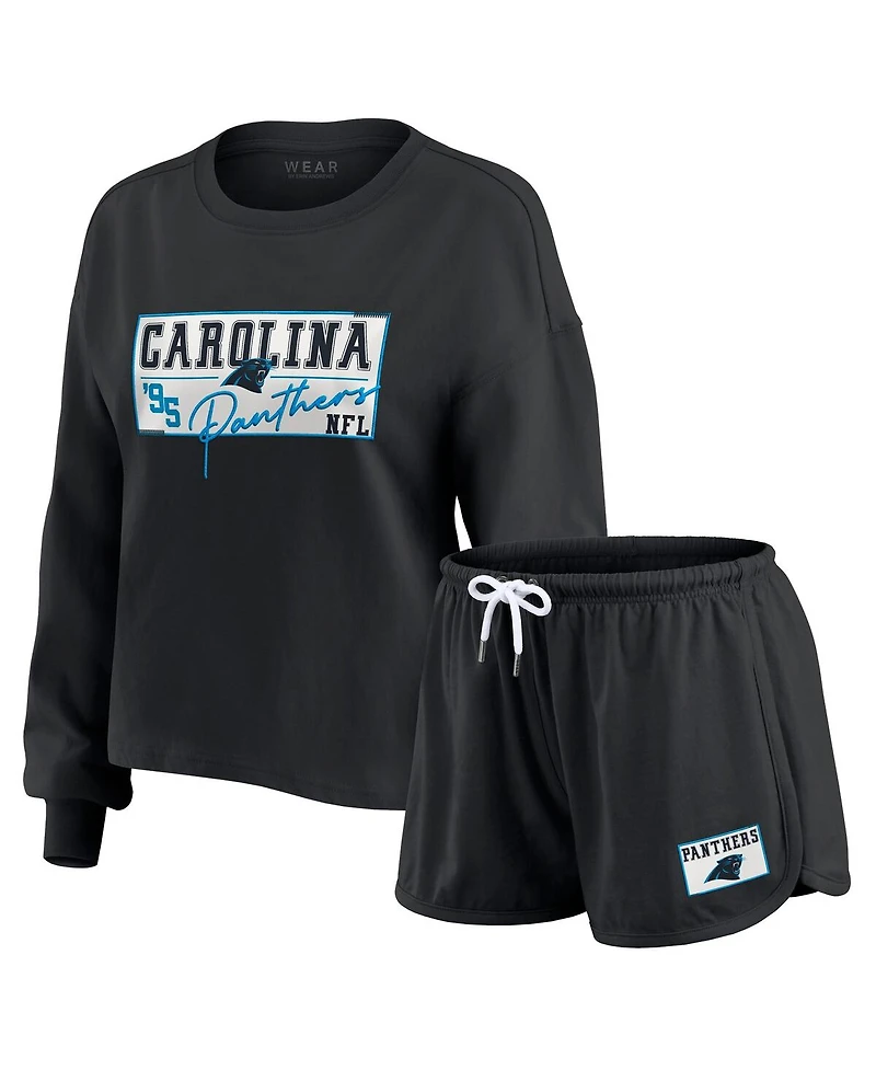 Wear by Erin Andrews Women's 2-Piece Black Carolina Panthers Heavy Rugby Jersey Long Sleeve T-Shirt and Shorts Lounge Set
