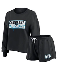 Wear by Erin Andrews Women's 2-Piece Black Carolina Panthers Heavy Rugby Jersey Long Sleeve T-Shirt and Shorts Lounge Set