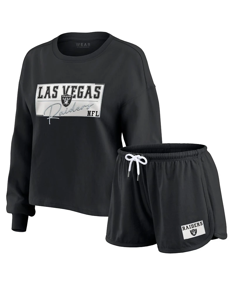 Wear by Erin Andrews Women's 2-Piece Black Las Vegas Raiders Heavy Rugby Jersey Long Sleeve T-Shirt and Shorts Lounge Set