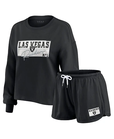 Wear by Erin Andrews Women's 2-Piece Black Las Vegas Raiders Heavy Rugby Jersey Long Sleeve T-Shirt and Shorts Lounge Set