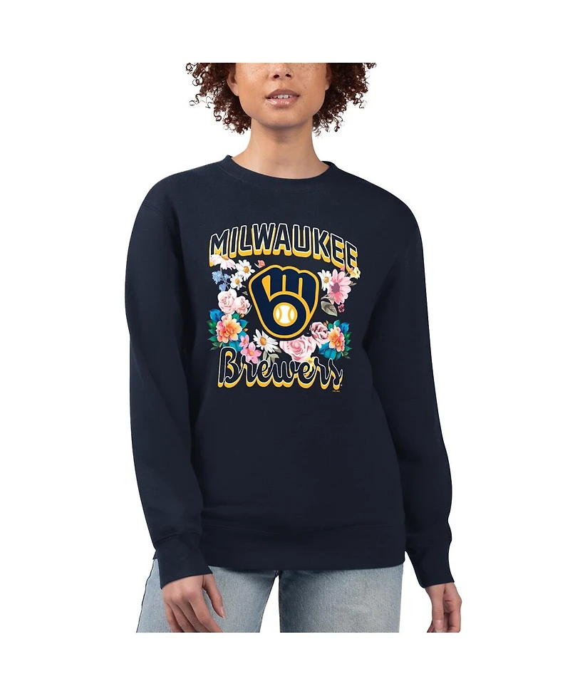 G-iii 4Her by Carl Banks Women's Navy Milwaukee Brewers Flowers Graphic Pullover Sweatshirt