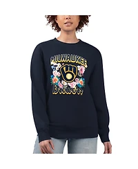 G-iii 4Her by Carl Banks Women's Navy Milwaukee Brewers Flowers Graphic Pullover Sweatshirt