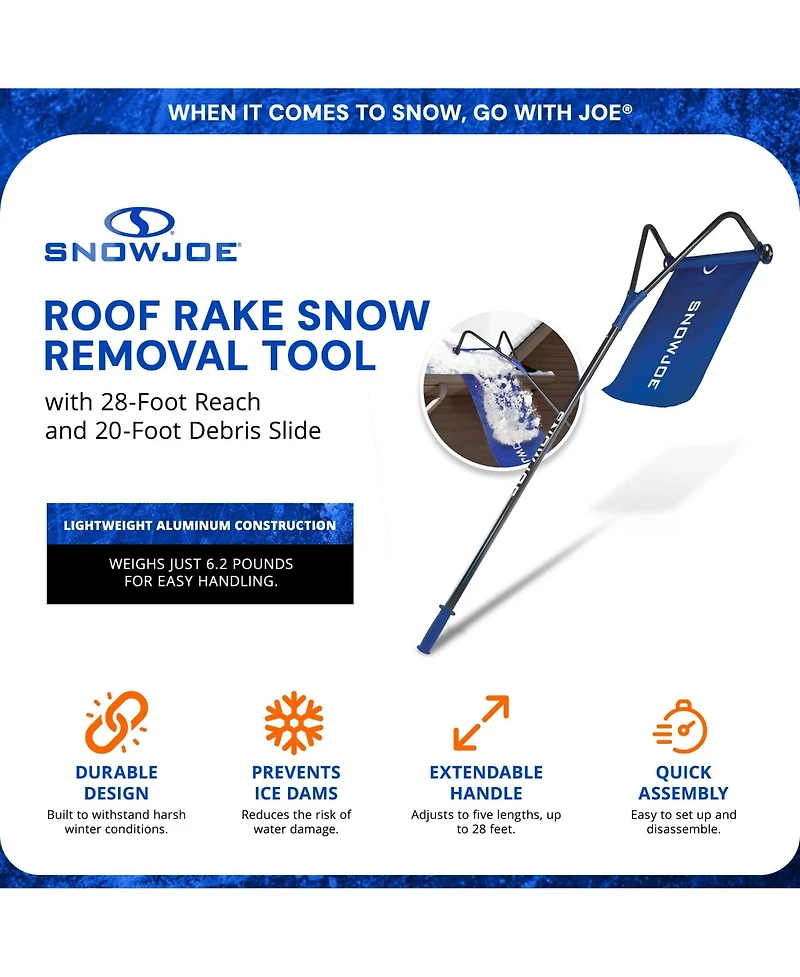 Snow Joe Roof Rake Snow Removal Tool with 28-Foot Reach and 20-Foot Debris Slide