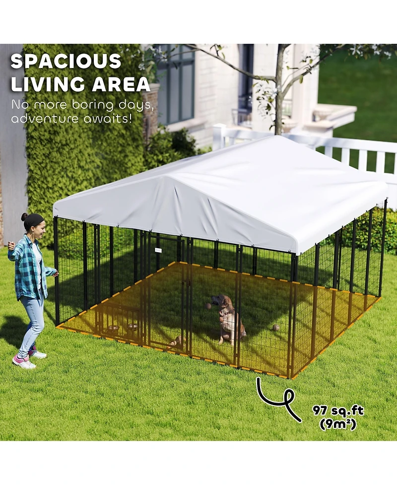 PawHut Outdoor Dog Kennel with Rotating & Adjustable Bowls, 9.8' x 9.8' x 6