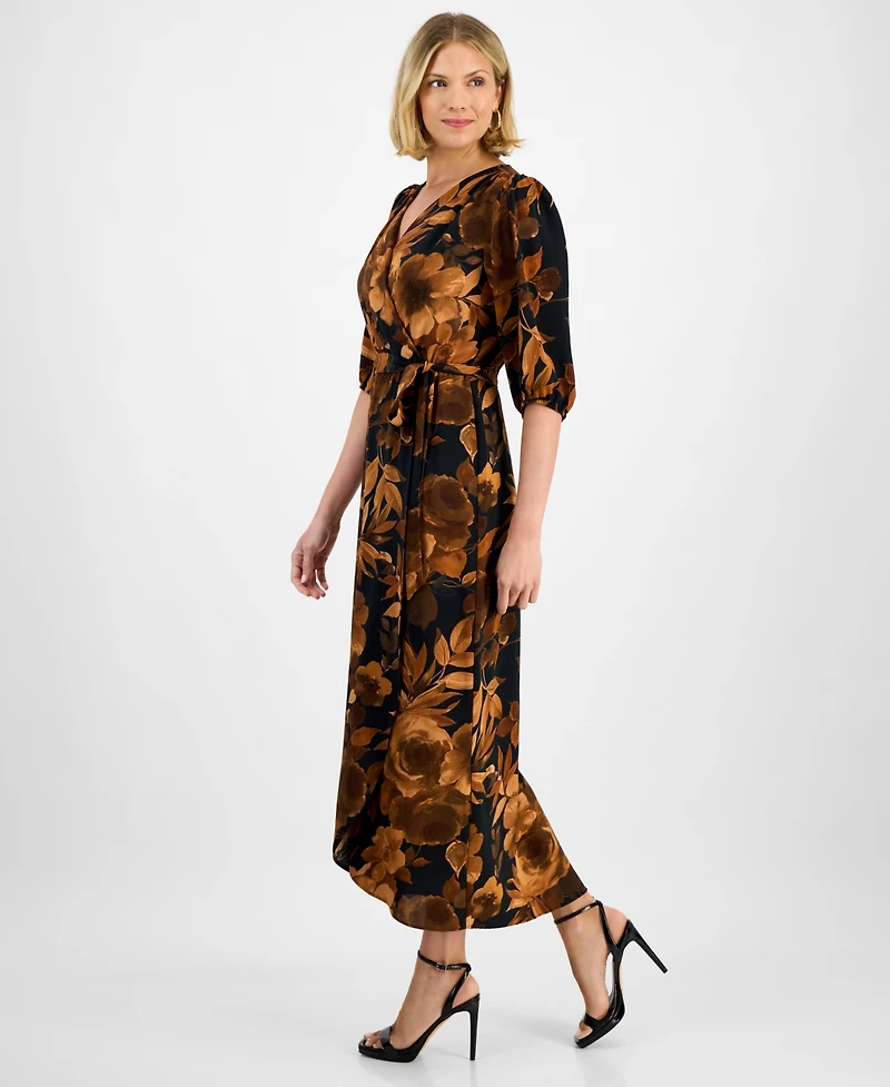Connected Women's Faux-Wrap Long-Sleeve Maxi Dress