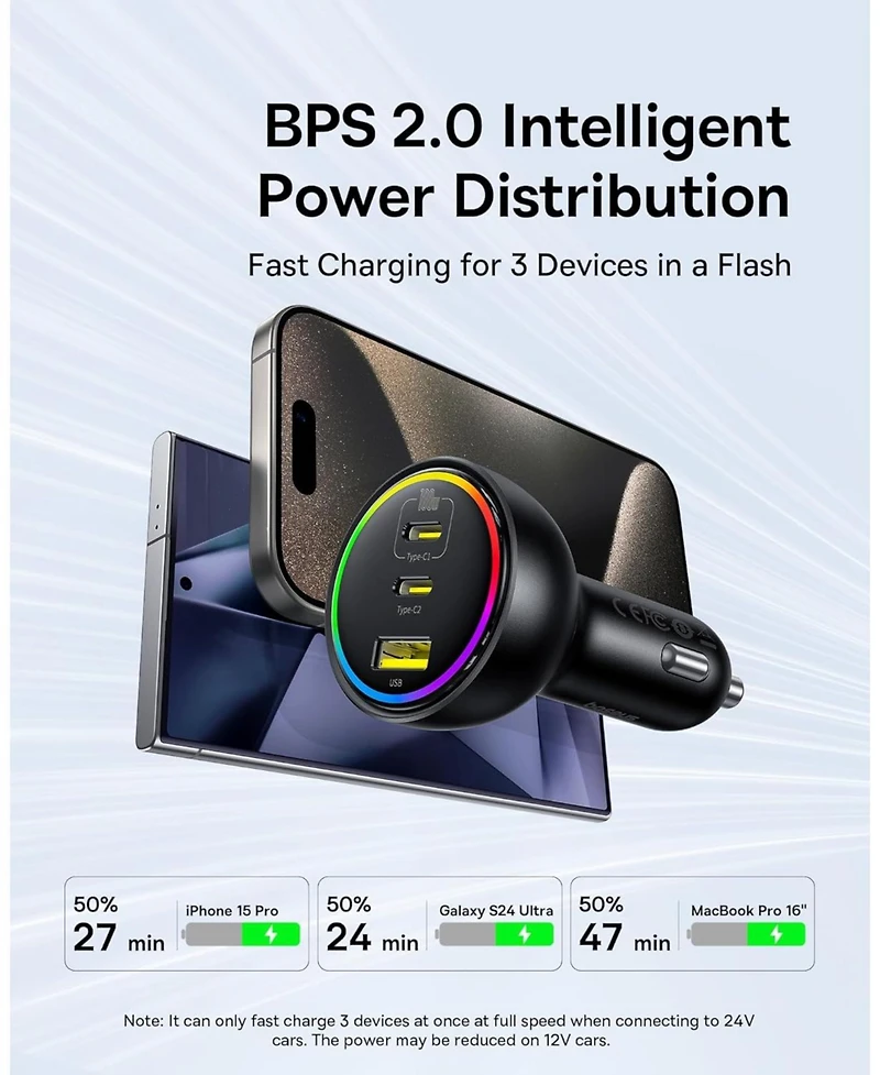 Baseus 152.5W Usb C Car Charger, Baseus Super Fast Charging 3 Ports Car Charger, PD3.0 QC4.0 Ultra Compact Rgb Fast Type C Car PhoneCharger Adapter