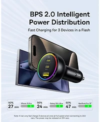 Baseus 152.5W Usb C Car Charger, Baseus Super Fast Charging 3 Ports Car Charger, PD3.0 QC4.0 Ultra Compact Rgb Fast Type C Car PhoneCharger Adapter