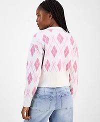 Hooked Up by Iot Juniors' Argyle Crewneck High-Rib Cardigan