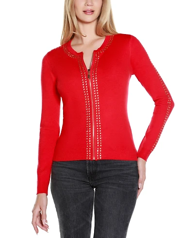 Belldini Women's Crewneck Embellished Zip Cardigan Sweater