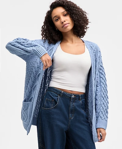 Hooked Up by Iot Juniors' Cable-Knit Open Cardigan