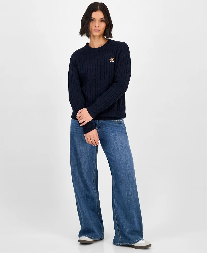 Hooked Up by Iot Juniors' Bear-Embroidered Cable-Knit Sweater