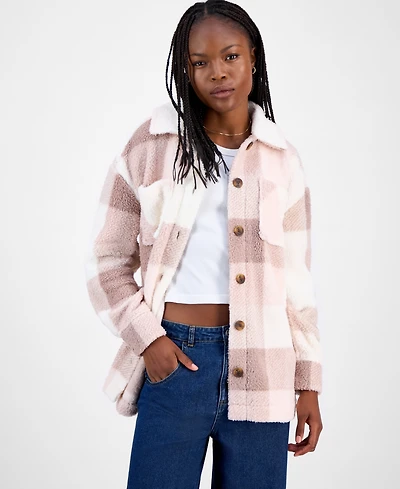 Hippie Rose Juniors' Collared Long-Sleeve Plaid Shacket
