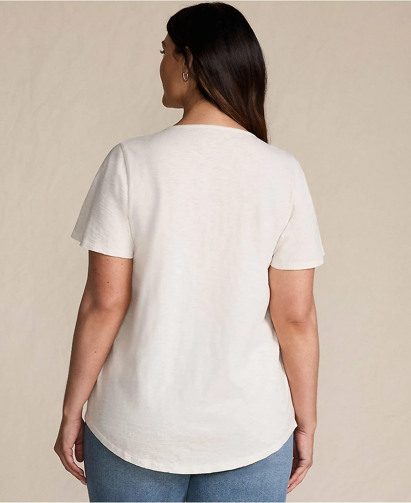 Lands' End Women's Plus Slub Flutter Sleeve Lace Trim Notch Neck Tunic Top