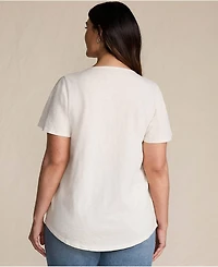 Lands' End Women's Plus Slub Flutter Sleeve Lace Trim Notch Neck Tunic Top