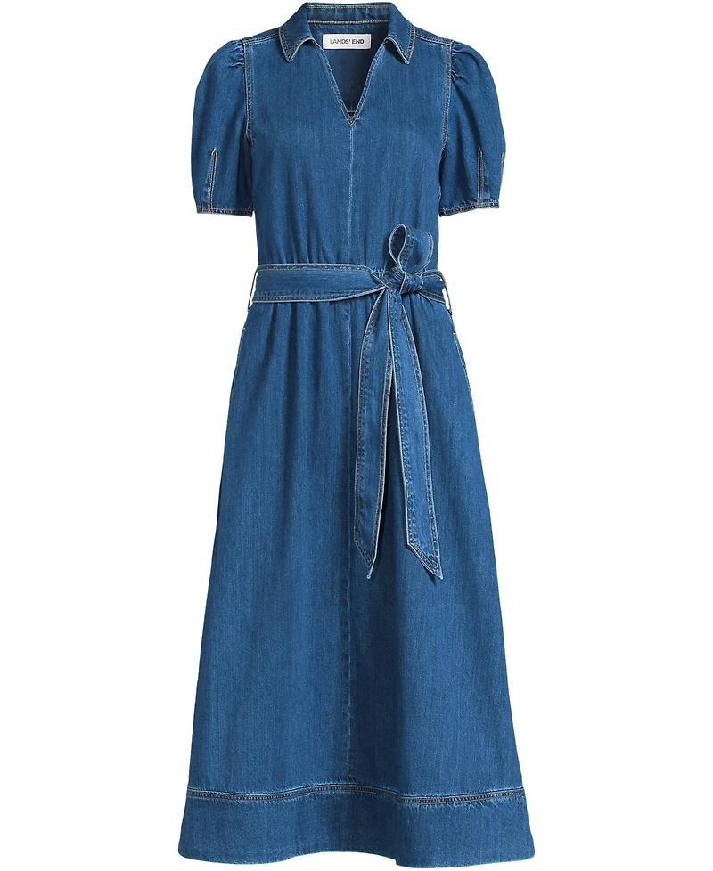 Lands' End Women's Soft Denim Puff Sleeve Midi Dress